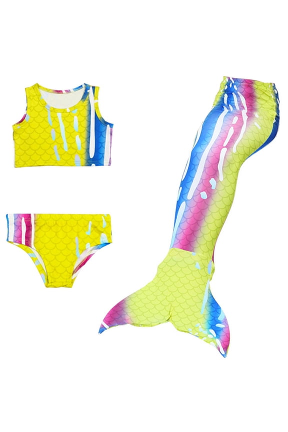 Yellow Blue Fuchsia Mermaid Tail 3 Pieces Swimming Suit L(5-6Y)