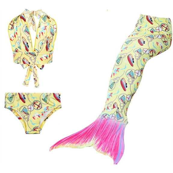 Wenchoice Yellow Hot Pink Mermaid Tail 3 Pieces Swimming Suit XL(7-8Y)