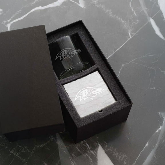 Wendell August Forge Baltimore Ravens Etched Rocks Glass & Square Coaster Set