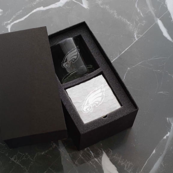 Wendell August Forge Philadelphia Eagles Etched Rocks Glass & Square Coaster Set