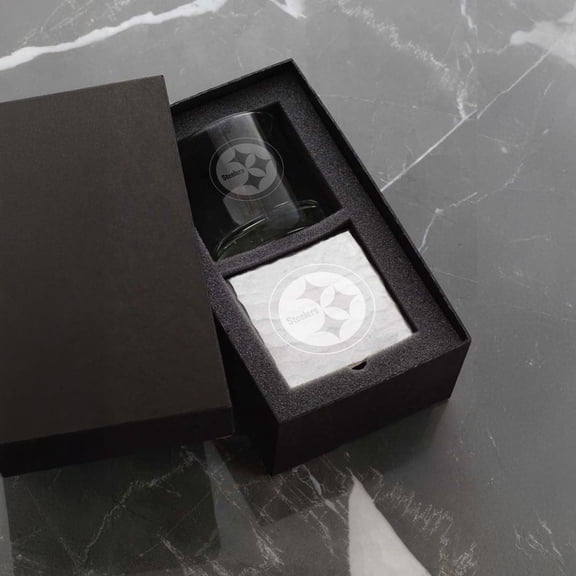 Wendell August Forge Pittsburgh Steelers Etched Rocks Glass & Square Coaster Set