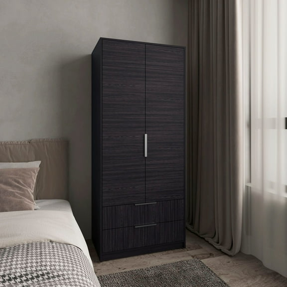 Wenden Armoire Double Doors, Two Drawers, Hanging Rod, And Interior Shleves, Wardrobe