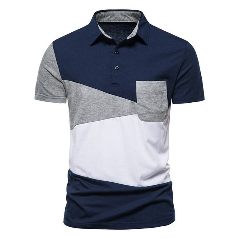 Wendunide 2024 Clearance Sales Polo Shirts for Men Men s Summer Three Color Stitching Short Sleeved Lapel T Shirt Navy XL
