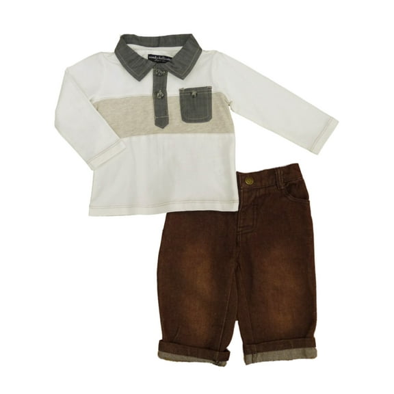 Wendy Bellissimo Infant Boys 2-Piece Long Sleeve Shirt & Brown Jeans Set 12m