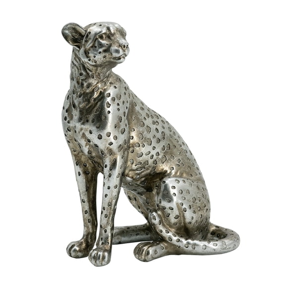 Wendy Sitting Leopard Figurine Stone Powder-Resin Metallic Silver 9 Inch