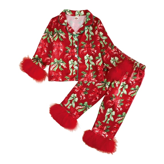 Wenfanal 2 Piece Boys Pajamas Girls Home Outfit Kids Baby Girl Christmas Satin Pajamas Long Pajamas Set 2PC Button Up Silk Nightgown Xmas Gift Size 2-3 Years,Red