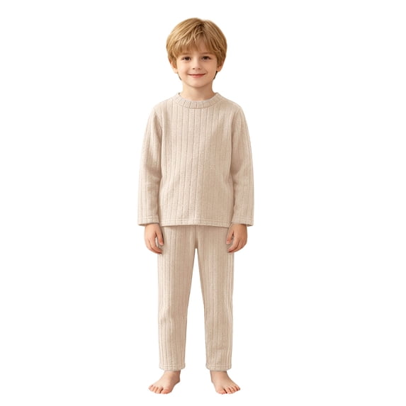 Wenfanal 2 Piece Boys Pajamas Newborn Baby Boys Girls Pajamas Boys Girls Comfortable Breathable Long Sleeved Home Clothes Solid Color Warm Homewear Set Size 4-5 Years,Beige