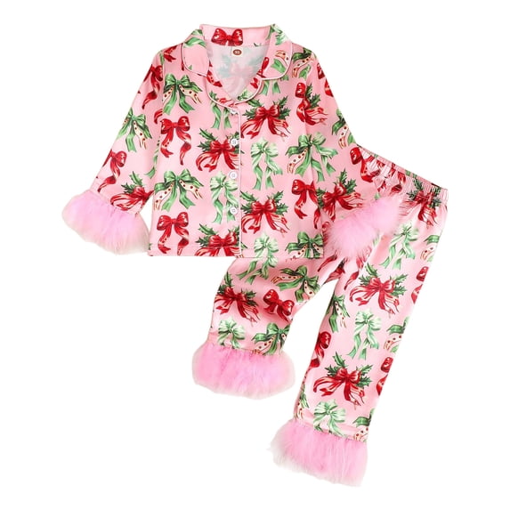 Wenfanal 2 Piece Pajamas Sleepwear Pjs Toddler and Little Girl Pajamas Set Kids Baby Girl Christmas Satin Pajamas Long Pajamas Set 2PC Button Up Silk Nightgown Xmas Gift Size 4-5 Years,Pink