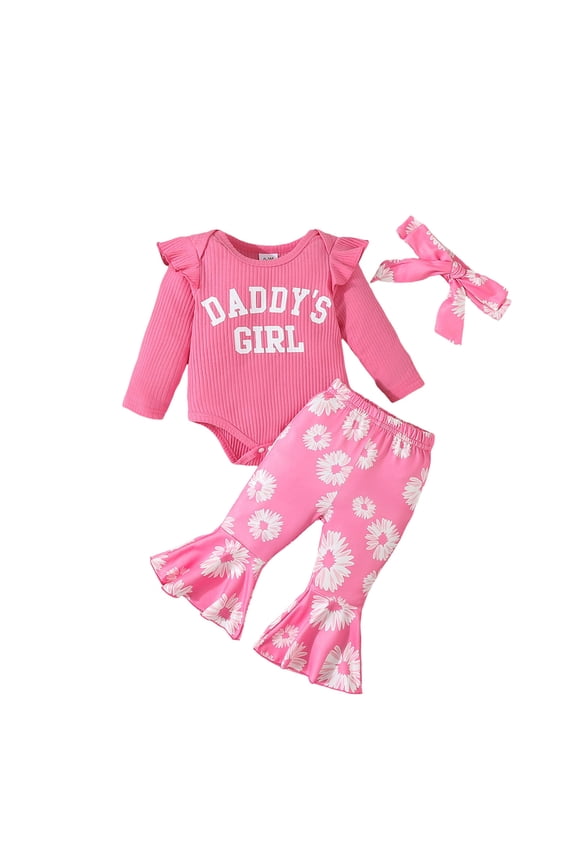 Baby Girl 3 Piece Outfit Set Ruffle Long Sleeve Ribbed Bodysuit Floral Bow Jogger Pants Fall Infant Clothes Size 0-3 Months,Hot Pink