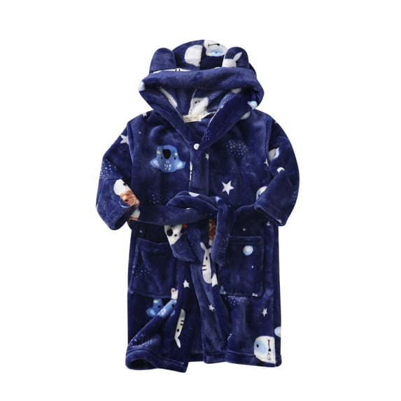 Wenfanal Baby Girl BathRobes Hooded Robe Toddler Kids Baby Boys Girls Cartoon Bathrobes Hooded Warm Flannel Night-Robe Sleepwear Pajamas Size 7-8 Years,Navy