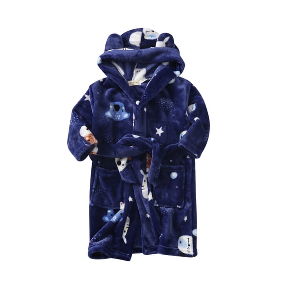 Wenfanal Baby Girl BathRobes Hooded Robe Toddler Kids Baby Boys Girls Cartoon Bathrobes Hooded Warm Flannel Night-Robe Sleepwear Pajamas Size 7-8 Years,Navy
