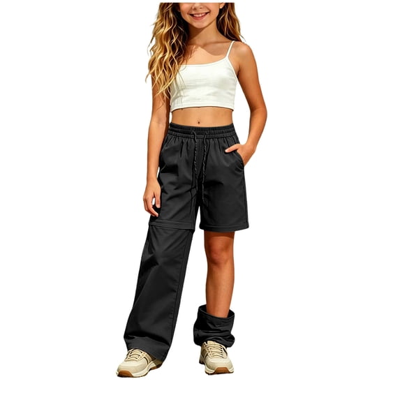 Wenfanal Cargo Pants Kids Slim Fit Jogger Pants for Girls,Girls Hiking Zip Off Pants Shorts Lightweight For Camping Sweatpants With Pockets Size 7-8 Years,Black