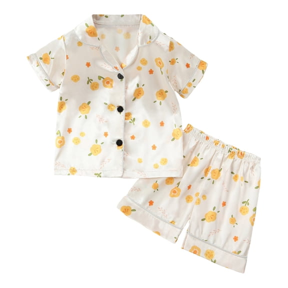 Wenfanal Girls Cotton Pajamas Toddler Kids Baby Boys Girls Suit Tracksuit Short Sleeve Indoor Short Sleeve Suit Summer Cartoon Pattern Suit Size 18-24 Months,Yellow