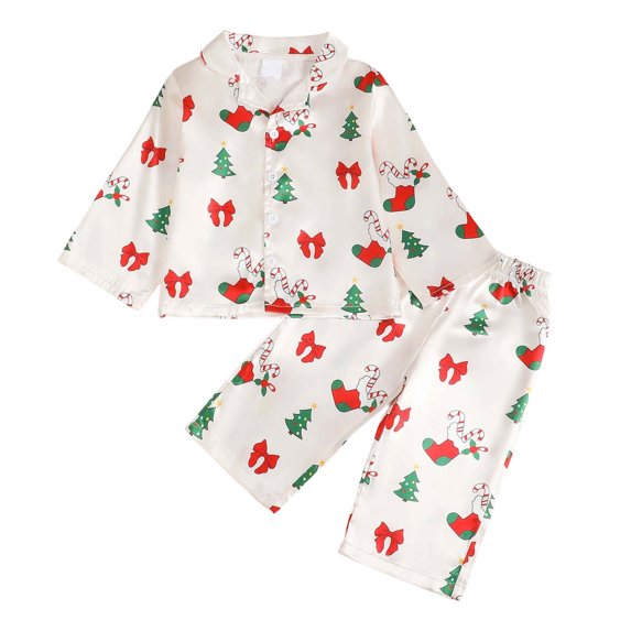 Wenfanal Girls Pajamas Set Kids Long Sleeve PJs Cotton Jammies Baby Christmas Pajama Set Cartoon Christmas Tree Bow Print Loungewear 2pcs Set Size 2-3Years,Red