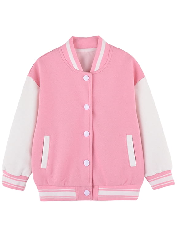 Kids Varsity Jacket Kids Boys Girls Baseball Jackets Fit Jacket Casual Lightweight Plain Button Cardigan School Coat With Pocket Size 9-10 Years,Pink