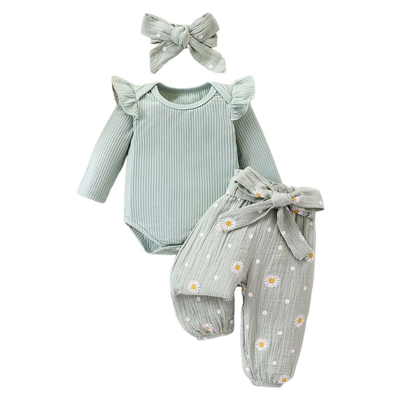 Wenfanal Newborn Baby Girl Fall Outfit Set Romper Pants Infant Clothes Letter Print Daisy Long Sleeve Ribbed Jumpsuit Bodysuit Tops Flower Cute Clothing Size 12-18 Months,Light Green