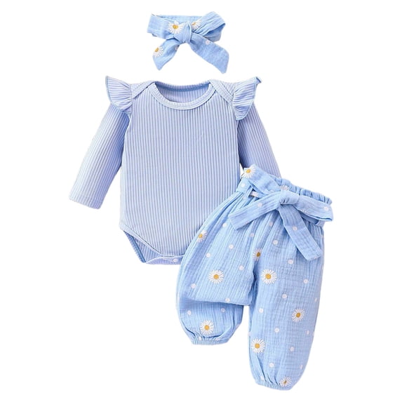 Wenfanal Newborn Baby Girl Fall Outfit Set Romper Pants Infant Clothes Letter Print Daisy Long Sleeve Ribbed Jumpsuit Bodysuit Tops Flower Cute Clothing Size 3-6 Months,Sky Blue