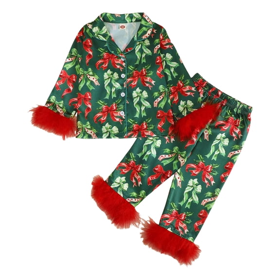 Wenfanal Pajamas Sets Kids Toddler Girl Pajamas Pj Set Kids Baby Girl Christmas Satin Pajamas Long Pajamas Set 2PC Button Up Silk Nightgown Xmas Gift Size 18-24 Months,Green