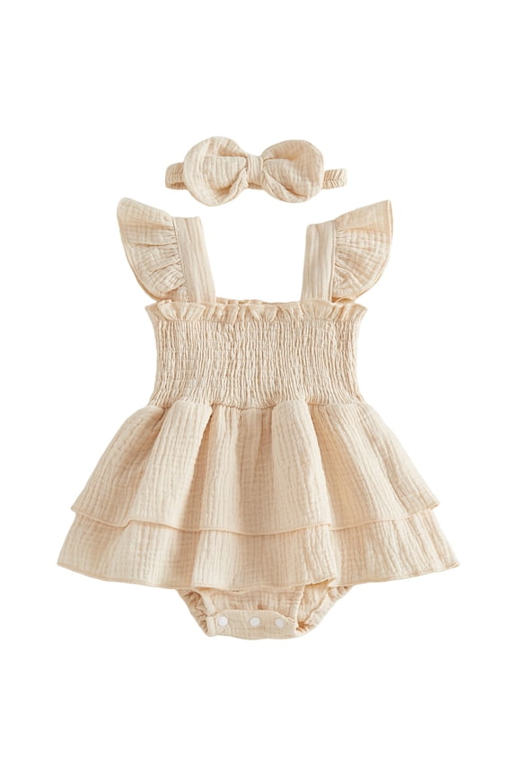 Toddler Girl Rompers,Preemie Baby Girl Clothes,Newborn Baby Girl Clothes Summer Smocked Romper Short Sleeve Jumpsuit Casual Headband Outfit Cute Infant Clothing Size 12-18 Months,Beige