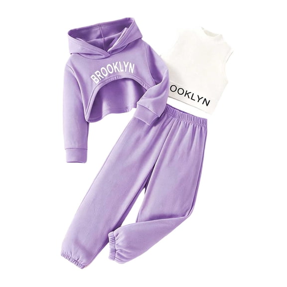 Wenfanal Toddler Girls Outfits Girls Long Sleeve 3pcs Outfits Graphic Crop Sweatshirt Tank Sweatpants Set Girls Fashion Size 6Y,Purple