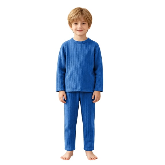 Wenfanal Toddler Kids Boys Pajamas Sets Toddler Kids Pajamas Boys Girls Comfortable Breathable Long Sleeved Home Clothes Solid Color Warm Homewear Set Size 3-4 Years,Blue