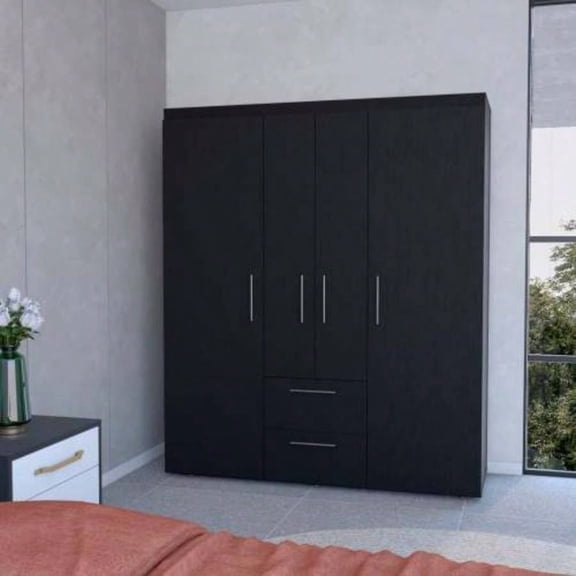 Wenge All-In-One 2-Door Armoire Large Capacity Wardrobe for Bedroom Clothes & Bedding Storage