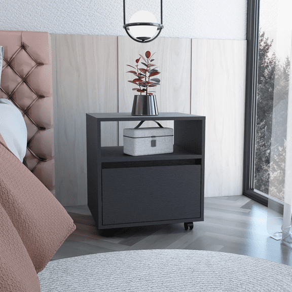 Wenge Nightstand with Drawer and Casters, Space Saving End Table for Bedroom Living Room, 18.9W Particle Board Side Table, Easy Assembly