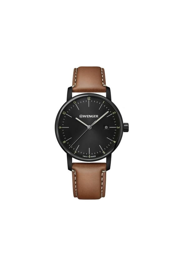 Urban Classic Water Resistant Watch with Large Black Dial and Brown Leather Strap