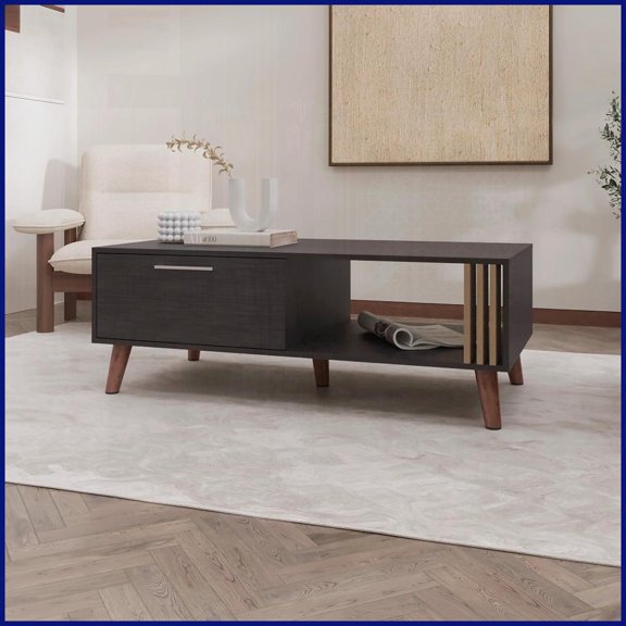 Wengue Coffee Table with Open & Concealed Storage, Space-Saving Living Room Organizer