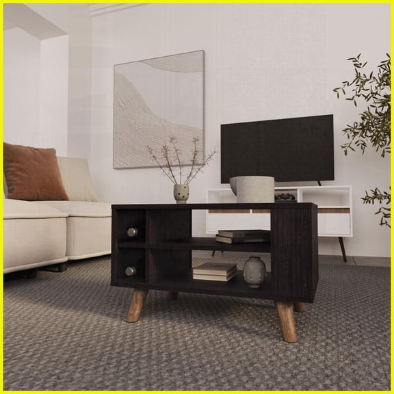 Wengue Finish Coffee Table with Open Storage & 2-Bottle Compartment – Space-Saving for Living Room