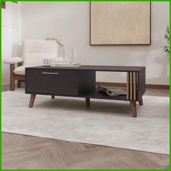 Wengue Finish Living Room Coffee Table with Open & Concealed Storage - Space-Saving Design