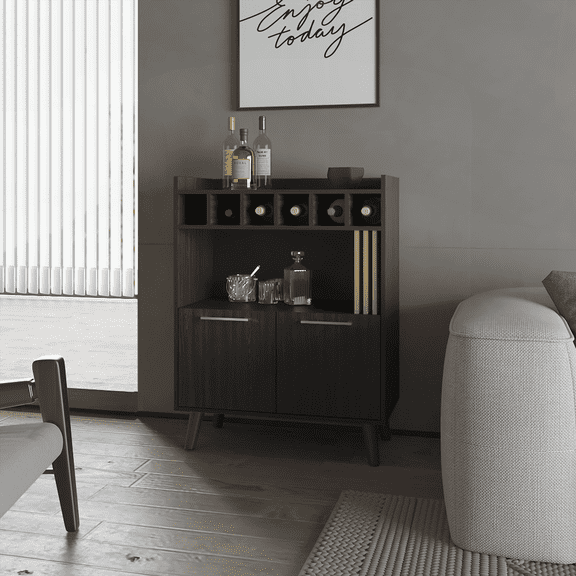 Wengue Modern Bar Cabinet with Wine Rack – Particle Board Melamine for Living/Dining Room