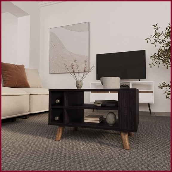Wengue Space-Saving Coffee Table for Living Room with Open Storage & 2-Bottle Compartment