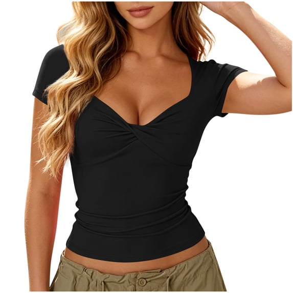 Wenini Crop Tops for Women Ruched V Neck Short Sleeve Solid Casual Fashion Tight Workout Summer Twisted Front Top, Black L