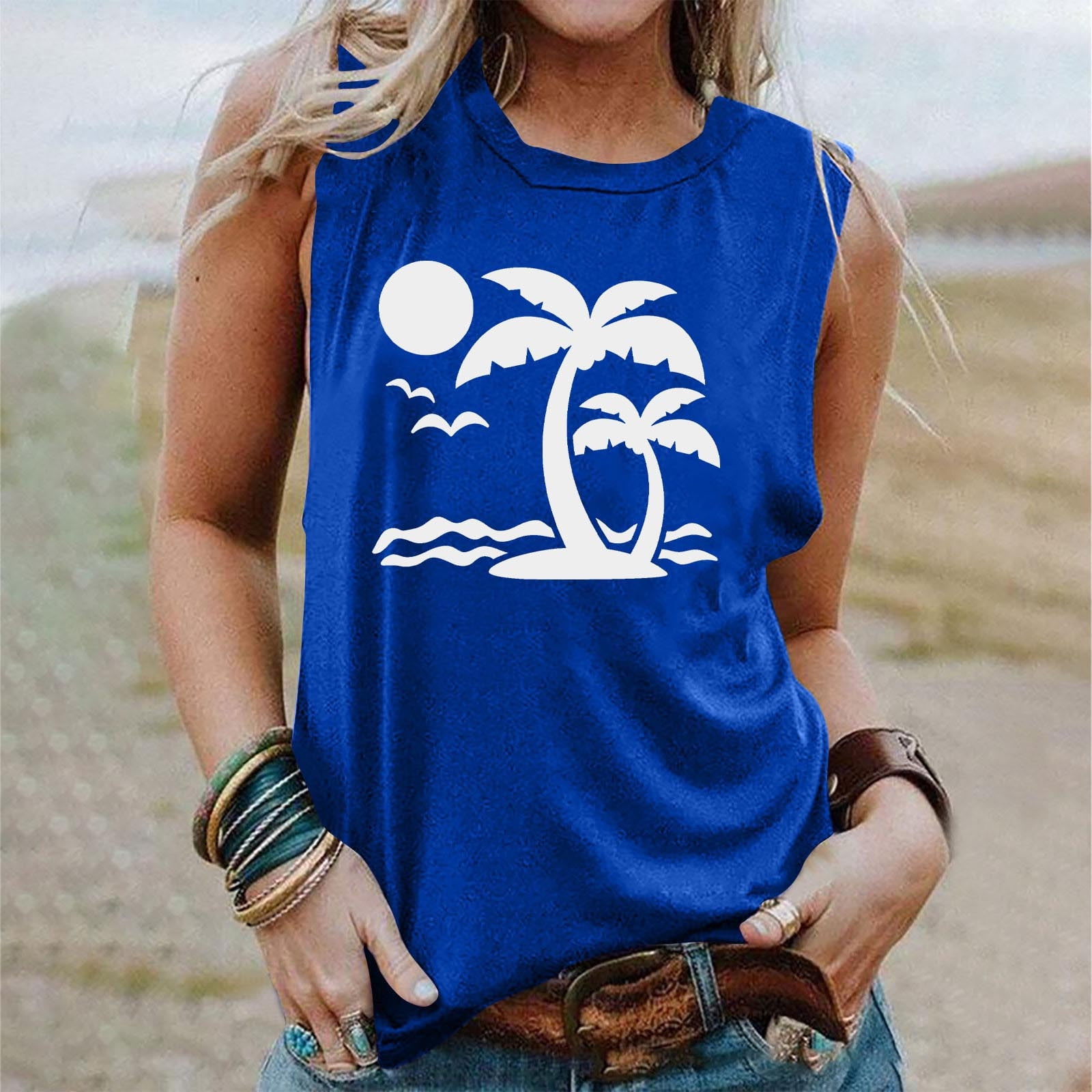 Wenini Cute Tank Tops for Women Coconut Trees Print Round Neck