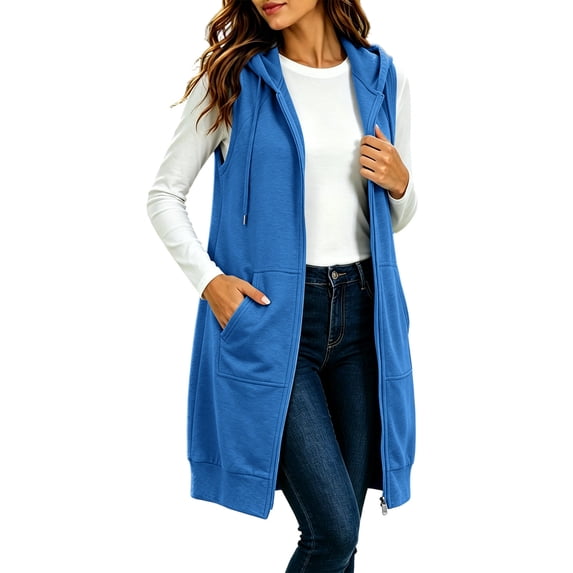Wenini Mid Length Sleeveless Waistcoat for Women Full Zip Drawstring Hooded Warm Jacket with Pockets 2026 Fall Winter Casual