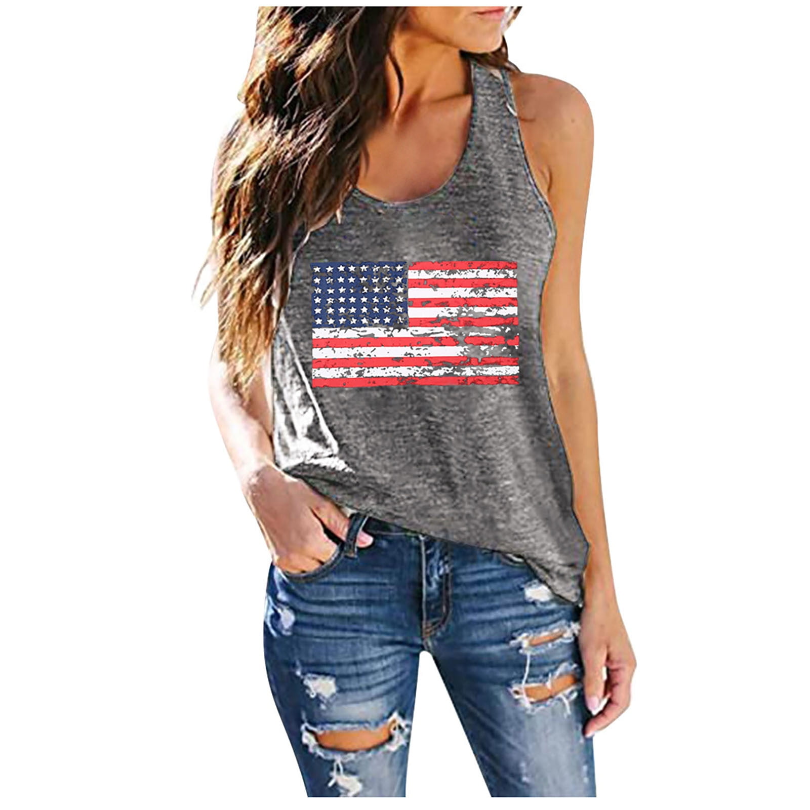 American Flag Star Striped Tank Top For Women - Ring Hole Sleeveless V Neck Patriotic Shirt For 4th Of July - View #4