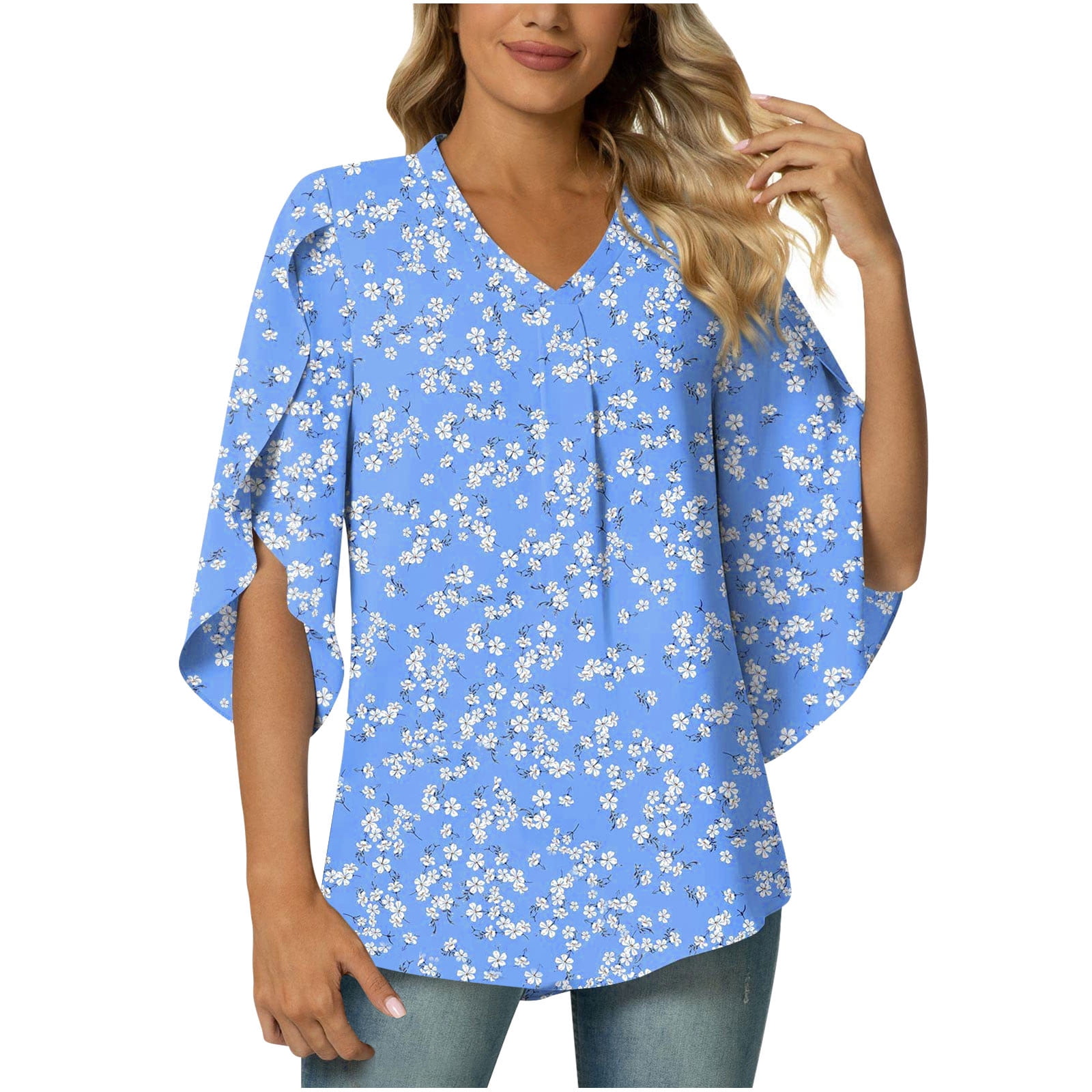 Wenini Shirts for Women Elbow-Length V-Neck Floral Print Summer Basic ...
