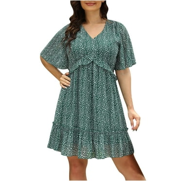 Wenini Summer Dresses for Women 2023 V-Neck Short Sleeve Mini Floral Print Summer Dresses Casual High Waist Flowy Ruffle Hem Loose Dress Navy xxxl