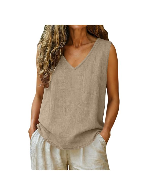 Summer Tops for Women V Neck Sleeveless Boho Crop Top Casual Loose Flowy Curved Hem Side Split Tank Top, Brown XXL