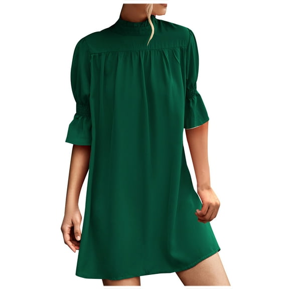 Wenini Sundresses for Women Fashion Lantern Sleeve Smocked Loose Tshirt Mini Sundresses Formal Half High Neck Elbow-Length Solid Short Summer Dress Green l