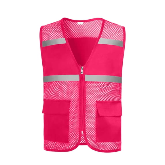 Wenini Unisex Vest Zip Lightweight Mesh Reflective V Neck Sleeveless Breathable Fishing Travel Hiking Casual Work Safety Vest, Hot Pink XL