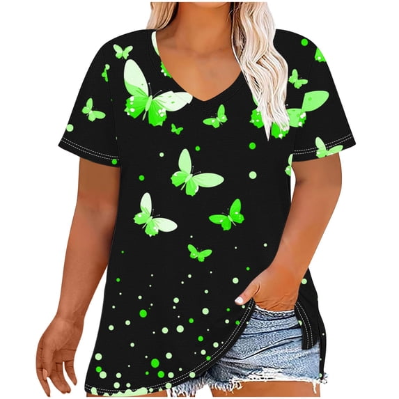 Wenini Women Plus Size V-Neck T-Shirts Butterfly Print Short Sleeve Loose Casual Summer Tops Curved Hem Lightweight Tees, Green XXL