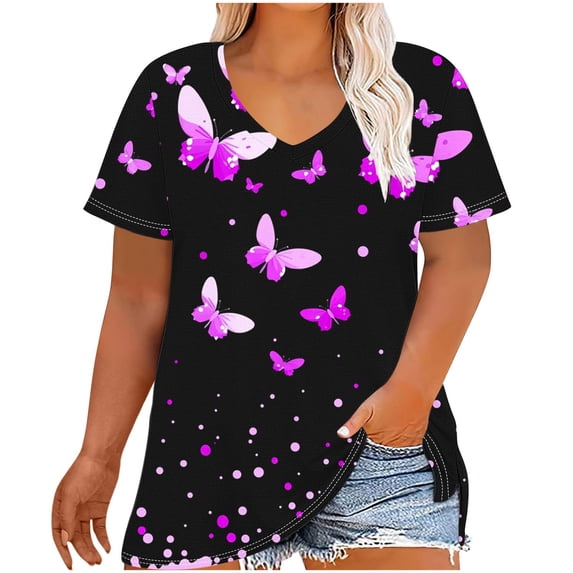 Wenini Women Plus Size V-Neck T-Shirts Butterfly Print Short Sleeve Loose Casual Summer Tops Curved Hem Lightweight Tees, Purple XXL