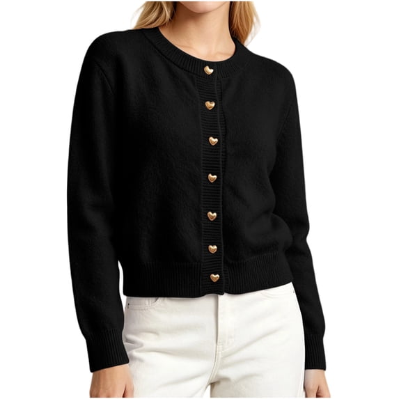 Wenini Women Short Kint Cardigan Coat Heart Buttons Crew Neck Open Front Sweater Casual Long Sleeve Outerwear Top 2026 Fall,Free Size