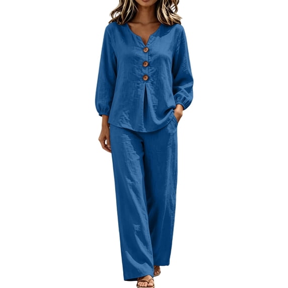 Wenini Women's 2 Piece Set V Neck Button down Top High Waist Wide Leg Pants Casual Loungewear Vacation Outfit