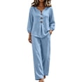 thumbnail image 1 of Wenini Women's 2 Piece Set V Neck Button down Top High Waist Wide Leg Pants Casual Loungewear Vacation Outfit, 1 of 7