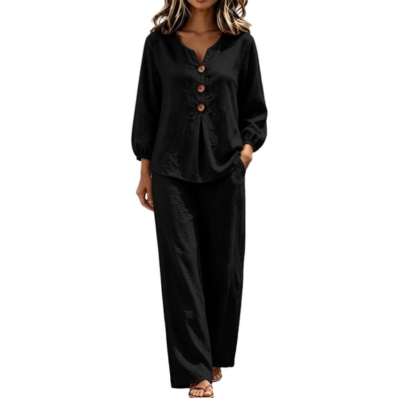 Wenini Women's 2 Piece Set V Neck Button down Top High Waist Wide Leg Pants Casual Loungewear Vacation Outfit