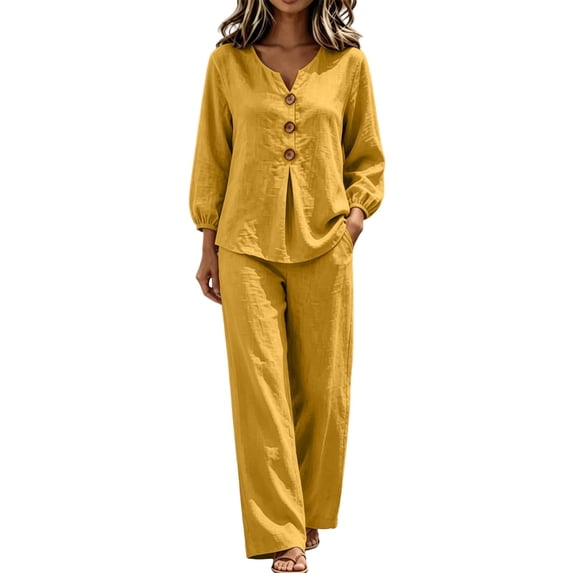 Wenini Women's 2 Piece Set V Neck Button down Top High Waist Wide Leg Pants Casual Loungewear Vacation Outfit