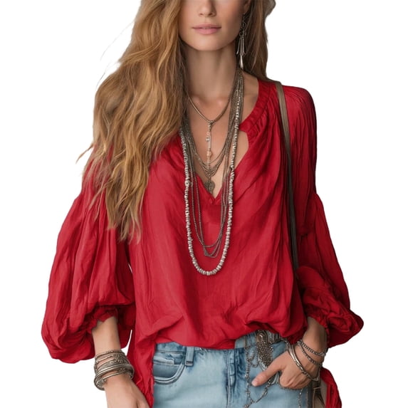 Wenini Women's Boho V Neck Puff Sleeve Crinkle Fabric Top Loose Drop Shoulder Casual Blouse Top Trendy Travel Shopping Outfit